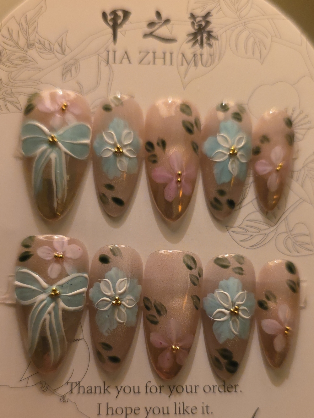 Floral Press-On Nails - Pink & Blue Size Large